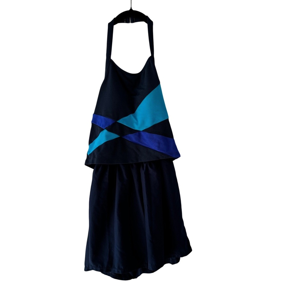 Beach Cabana Blue Colorblock Halter Swim Dress One Piece Swim Vintage Style L